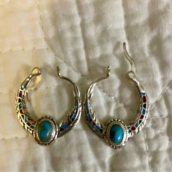 Silver and Turquoise and coral Hoop Earrings-marked 925- lightweight - Picture 2 of 5